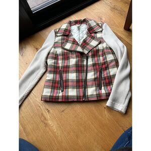 Sundance Mixed Media Plaid Moto Jacket Women’s 4 – Wool Blend, Knit Sleeves